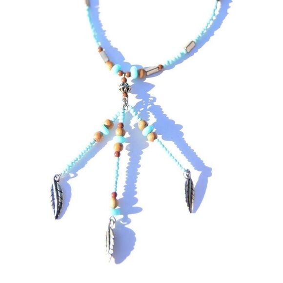 Vintage 70's Navajo Beaded Feather Necklace - Picture 2 of 8